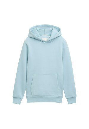 Felpa con cappuccio azzurro chiaro realizzata in tessuto morbido, dotata di una tasca frontale, polsini e fondo a coste, con un design minimalista.