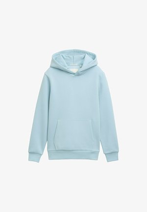 Sudadera con capucha azul claro hecha de una tela suave, que incluye un bolsillo frontal, puños y dobladillo de canalé, y un diseño minimalista.