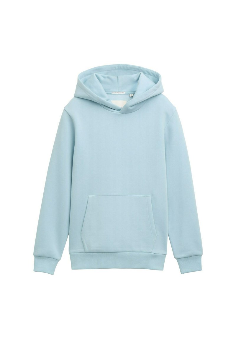 Sudadera con capucha azul claro hecha de una tela suave, que incluye un bolsillo frontal, puños y dobladillo de canalé, y un diseño minimalista.