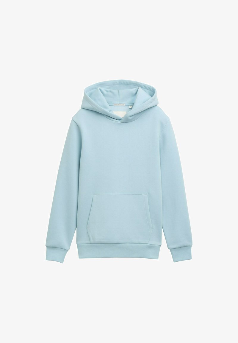 Helle blaue Kapuzenshirt aus weichem Stoff, mit einer vorderen Tasche, gerippten Ärmelbündchen und Saum sowie einem minimalistischen Design.
