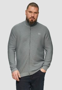 Grauer Reißverschluss-Pullover mit geripptem Material und Stehkragen, präsentiert mit einem kleinen Logodetail auf der Brust. Kombiniert mit dunklen Hosen.