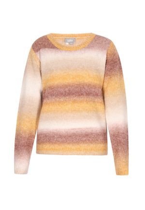 Suéter de punto con cuello redondo, con rayas horizontales en tonos de amarillo, marrón y crema; textura suave, mangas largas.