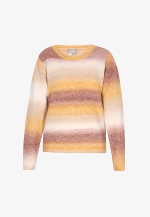 Kötött pulóver kerek nyakkal, sárga, barna és krém színű vízszintes csíkokkal; puha tapintás, hosszú ujjú.