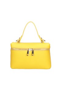 Sac à main en cuir jaune avec une forme structurée, une poignée supérieure et une fermeture à double zip. Doté de ferrures en ton doré et d'une surface texturée.