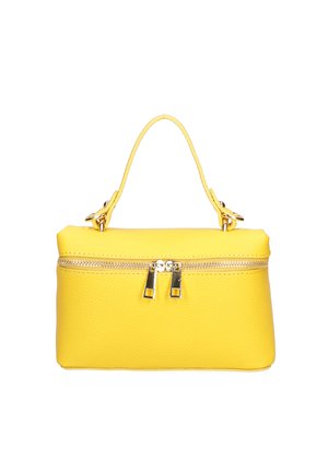 Yellow leather handbag with a structured shape, top handle, and dual zip closure. Features gold-tone hardware and a textured surface.