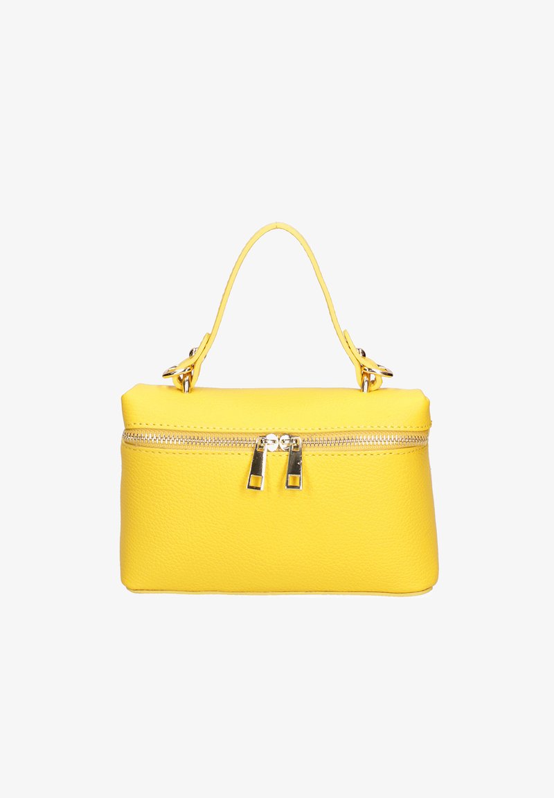Geel lederen handtas met een gestructureerde vorm, bovenhandgreep en dubbele ritssluiting. Kenmerkt zich door gouden hardware en een textuur oppervlak.