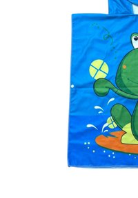 Blå handduk med en tecknad groda på en surfbräda, med gröna detaljer, cirkulärt gult mönster och vattensplash-accenter.