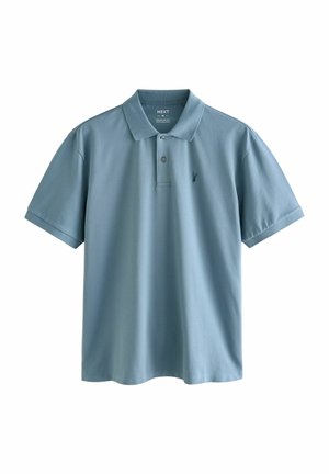 Light blue polo shirt made of soft fabric, featuring a classic collar, two-button placket, and a small logo on the left side.