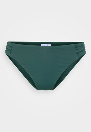 Grøn bikiniunderdel i en glat, strækbar stof. Har samlede detaljer i siderne og en mellemhøj skæring for dækning.