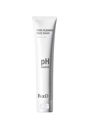 White squeeze tube with a flip-top cap, labeled "Pure Cleanse Face Wash," containing lactic acid, with pH neutral highlighted.