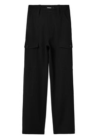Black cargo pants made of durable fabric, featuring a straight-leg design, four pockets, and structured seams for a functional look.