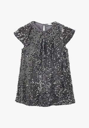 Vestito con paillettes argento a maniche corte, con scollo rotondo e chiusura con bottoni sul retro, progettato per un bambino o un adulto di piccole dimensioni.