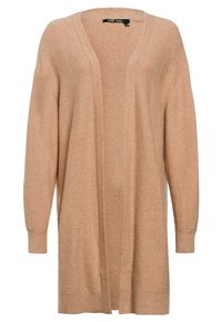 Cardigan beige realizzato in morbido tessuto a maglia, con apertura frontale, maniche lunghe e polsini e orlo a coste. Senza chiusure né fantasie.