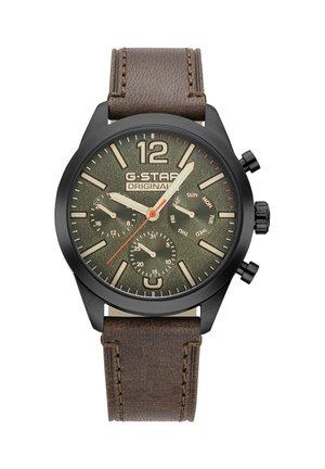 Orologio da polso da uomo con quadrante verde testurizzato, indici beige, tre sottoquadranti, cassa nera e cinturino in pelle marrone cucito.