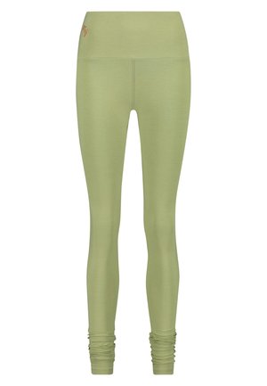 Hellgrüne, knöchellange Leggings aus dehnbarem Material, mit hohem Bund und Raffungen an den Knöcheln.