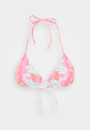 Pink floral bikini top with triangular cups, featuring turquoise and orange floral patterns. Adjustable ties at neck and back for fit.