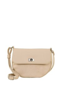 Borsa a tracolla beige realizzata in materiale sintetico testurizzato, con chiusura a pattina in metallo argentato e tracolla regolabile.