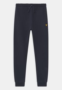 Marina blöjor med elastisk midja och dragsko, med ribbade muddar och en liten gul logo på vänster övre lår.