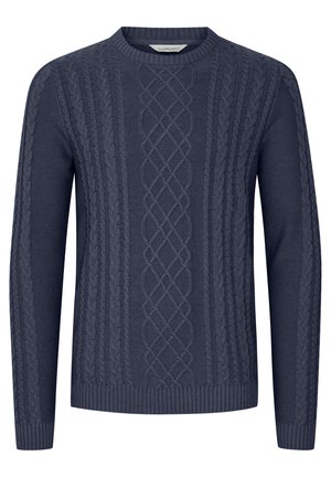 Granatowy sweter wykonany z dzianiny, z teksturowanymi wzorami w warkocze, okrągłym dekoltem oraz ściągaczami na rękawach i dolnej krawędzi. Wykonany z miękkiego, trwałego materiału.