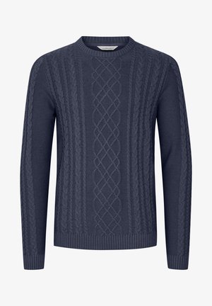 Mørkeblå strikket sweater med teksturerede kabelmønstre, rund halsudskæring og ribbekanter ved ærmerne og nederste kant. Fremstillet af blødt og holdbart stof.