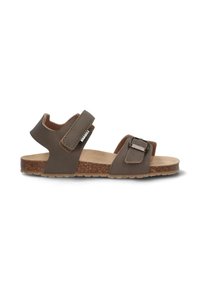 Sandalias marrones con parte superior de cuero, correa ajustable con hebilla, suela de corcho y plantilla texturizada para mayor comodidad.
