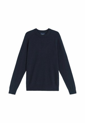 Navyblauw sweater van zacht breiwerk, met een ronde halslijn, geribbelde manchetten en zoom, en raglansleeves voor een losse pasvorm.