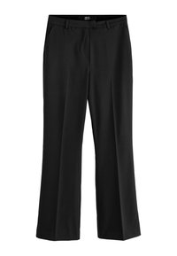 Zwarte wijde broek gemaakt van zacht materiaal, met een gladde textuur, riemlussen en zijzakken, ontworpen voor veelzijdig gebruik.