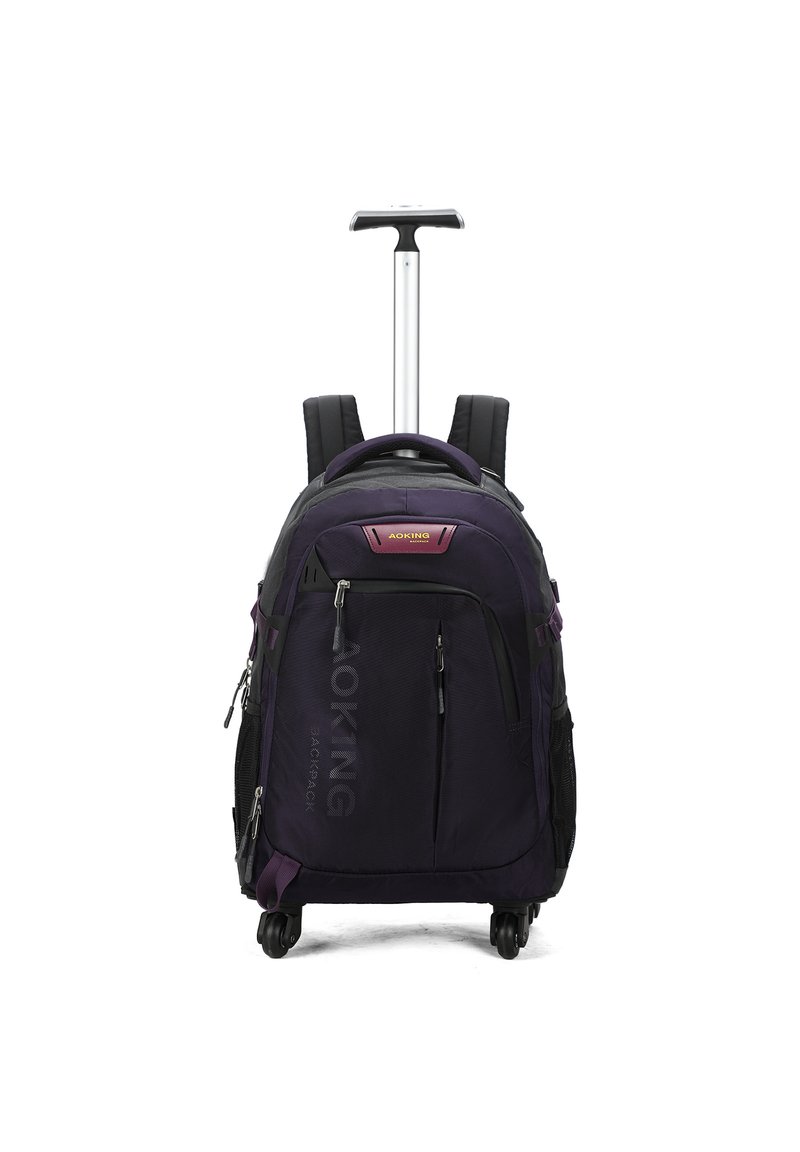 Zaino a rotelle nero e viola con più scomparti, spallacci regolabili e manico retrattile. Tessuto testurizzato e ruote.