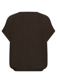 Blouse marron foncé à manches courtes avec encolure bateau et ourlet élastiqué, vue de dos sur fond blanc.