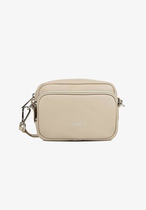 Sac bandoulière rectangulaire beige avec deux compartiments zippés et fermoirs argentés, logo Lancaster Paris sur la poche avant.