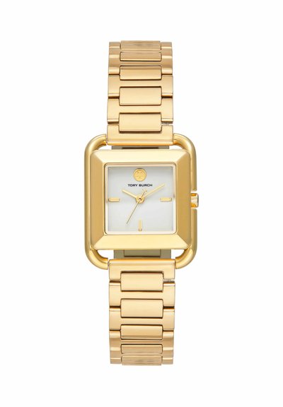 Gold-tone square wristwatch with linked metal bracelet, white dial, minimalist hour markers, and Tory Burch logo below 12 o'clock.