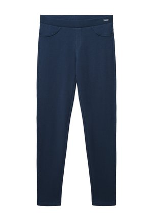 Leggings blu navy realizzati in morbido tessuto elasticizzato. Presentano una ampia vita elastica e due tasche frontali con dettagli di cucitura discreti.