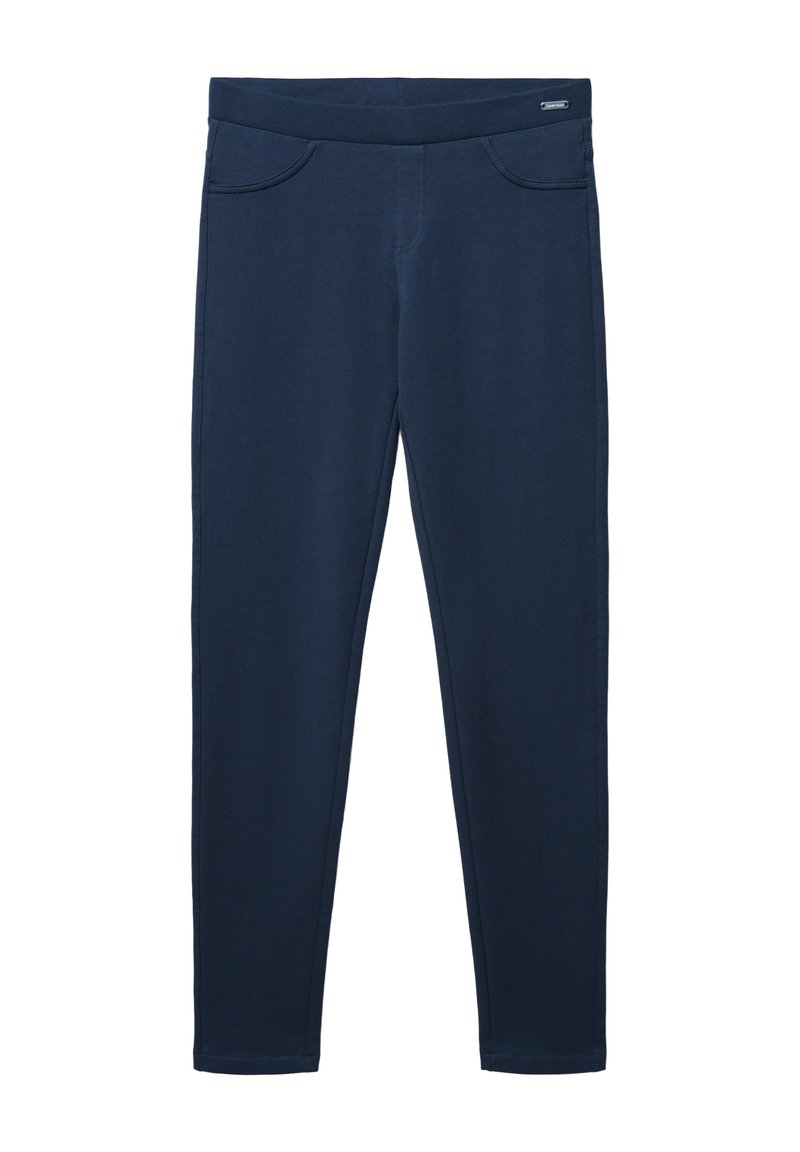 Granatowe legginsy wykonane z miękkiej elastycznej tkaniny. Posiadają szeroki elastyczny pas oraz dwie przednie kieszenie z delikatnym detalem przeszycia.