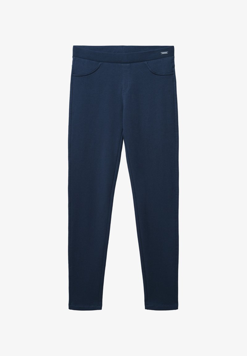 Granatowe legginsy wykonane z miękkiej elastycznej tkaniny. Posiadają szeroki elastyczny pas oraz dwie przednie kieszenie z delikatnym detalem przeszycia.