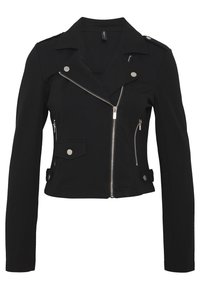 Zwarte cropped jas van rekbare stof, met zilveren ritsen, schouderstukken en twee voorke pockets met drukknoopsluitingen.