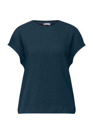 Top corto a maniche corte di colore blu scuro, realizzato in tessuto strutturato, con scollatura a girocollo e vestibilità morbida. Presenta un delicato motivo verticale.