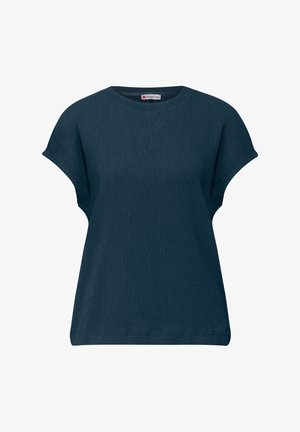 Dunkelbluse, kurzärmliges Oberteil aus strukturiertem Stoff mit Rundhalsausschnitt und lockerer Passform. Verfügt über dezente, vertikale Musterung.