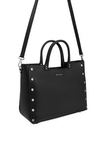 Black textured leather handbag with two short handles, detachable long strap, silver studs along sides, and RYŁKO logo on front.