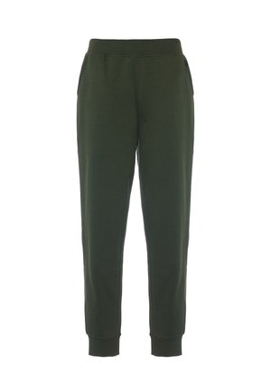 Pantaloni sportivi verdi realizzati in tessuto morbido, con vita a costine, tasche laterali e gambe affusolate con polsini a costine.