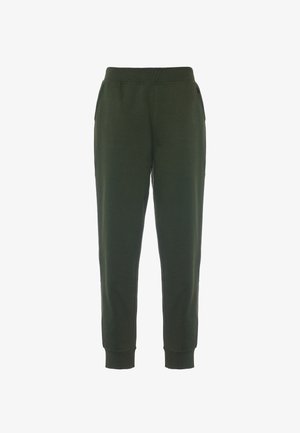 Pantaloni sportivi verdi realizzati in tessuto morbido, con vita a costine, tasche laterali e gambe affusolate con polsini a costine.