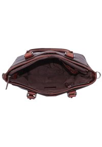 Sac en cuir marron avec fermeture éclair, doublure en tissu gris, poches intérieures et quincaillerie en argent. La vue ouverte montre un espace de rangement conséquent.