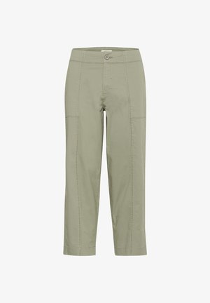 Light green cropped pants made of smooth cotton blend. Features a front button closure, side pockets, and stitched detailing along seams.