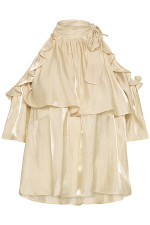 Falda de satén color crema brillante con diseño en capas y volantes, cintura alta y detalle de lazo atado en la cinturilla.