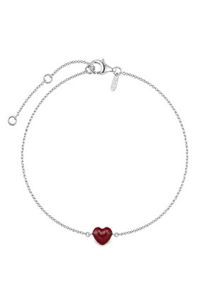 Silver chain bracelet with a small red heart-shaped charm and a lobster clasp closure on a white background.