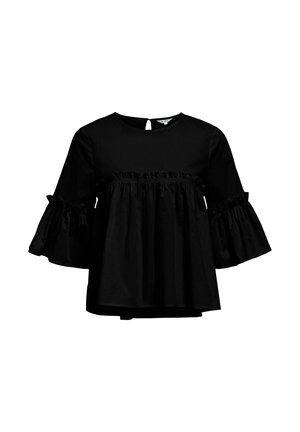 Haut noir avec des manches longues évasées et une taille froncée. Présente un col rond et un dos nu avec fermeture en clé. Texture lisse.