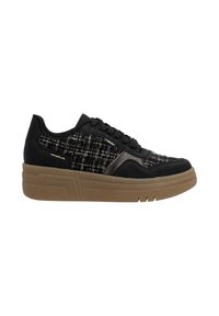 Black sneaker with textured fabric upper featuring a woven pattern, round toe, and thick rubber sole in tan with grooves for traction.