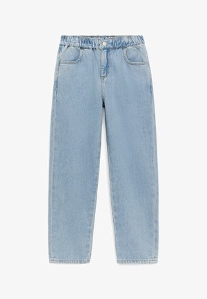Jean en denim bleu clair avec taille élastique, bouton sur le devant et deux poches avant, présenté à plat sur un fond blanc.