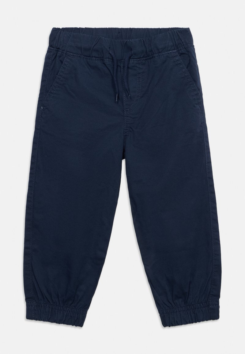 Pantalon bleu marine pour tout-petit avec taille élastique, cordon de serrage, poches latérales et poignets élastiqués aux chevilles.