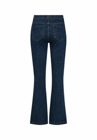 Jean évasé bleu foncé avec une taille mi-haute, en denim. Présente deux poches arrière et des coutures contrastantes le long des coutures.