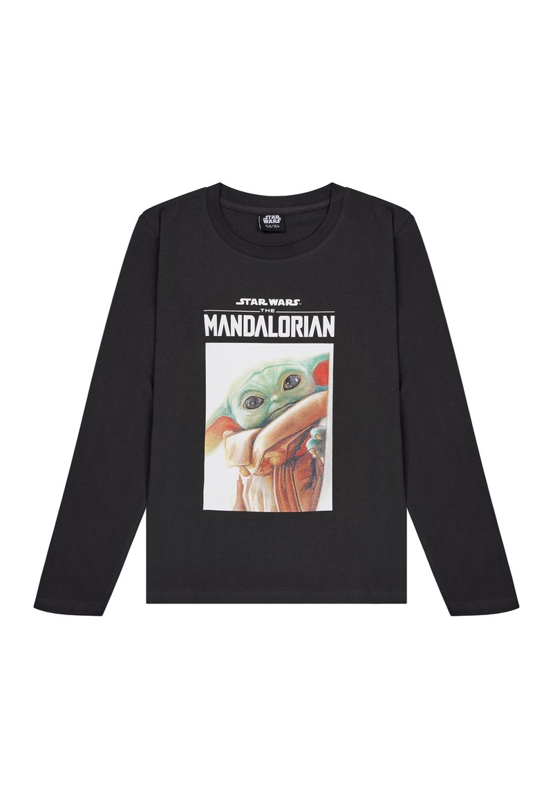 Schwarz langärmliges T-Shirt mit einem grafischen Druck eines Charakters mit großen Augen und grüner Haut, umrahmt von dem Text "Star Wars The Mandalorian".